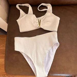 Stunning high rise bikini white ribbed with gold v-neck cutout new never worn M